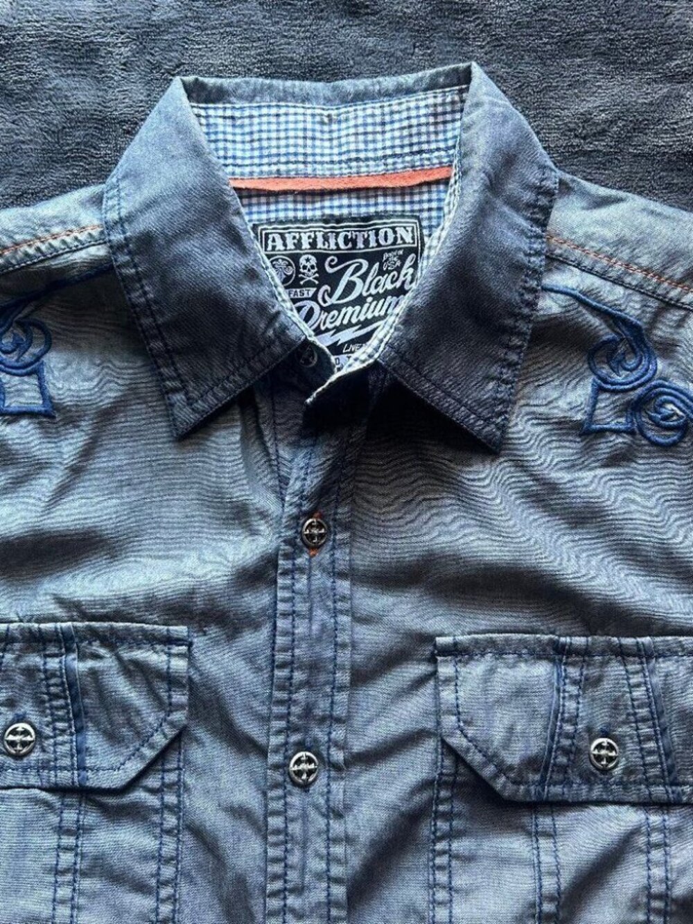 Affliction Black Premium 73 Chambray Button Shirt Medium Blue